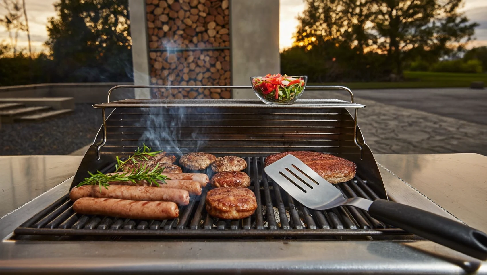 Illustration d'un repas convivial autour d'un barbecue dans un jardin.