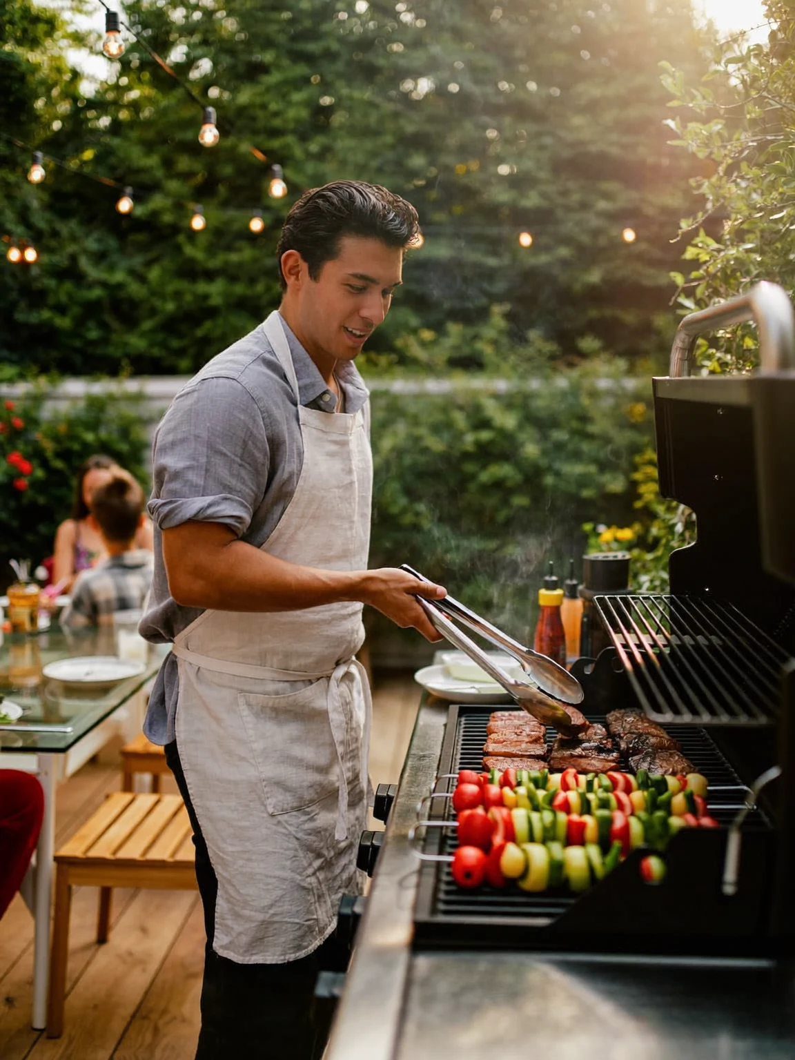 Illustration d'une préparation de grillades en plein air.